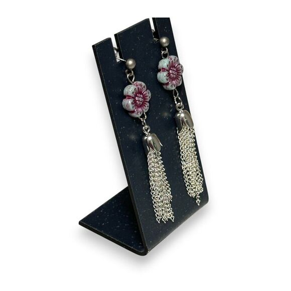 Wild Rose Flower Chain Tassel Earrings Stainless Steel Posts - Picture 8 of 10